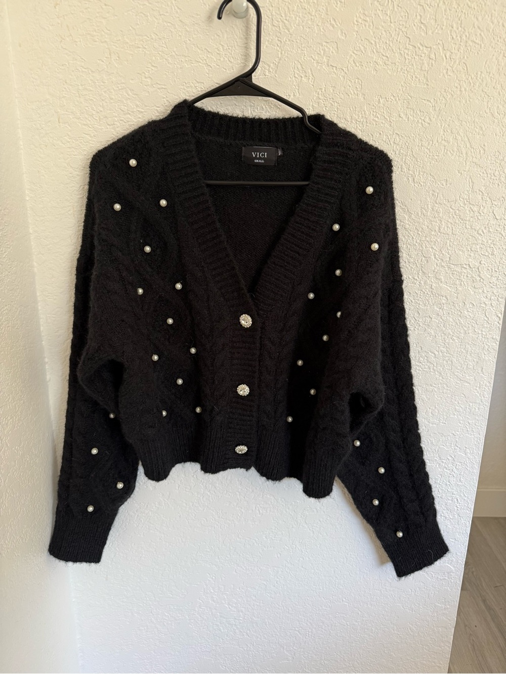 Vici Black Pearl-Embellished V-Neck Cropped Cardigan